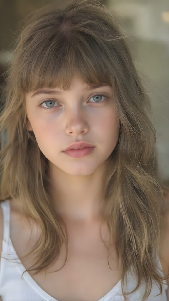 a very beautiful, youthful, pretty and attractive ((Exotic teen girl)), with delicate, (long wavy hair) with bangs cut, ((natural light skin)), and (((bright white) toned skin on her face and delicate light ((cheeks)), accompanied by ((full, rosy lips), that are naturally pink and not exaggerated. (((The girl wears a cool, ((white short tank top, deep v-neck)), the girl stands in a (natural, bright light) backdrop, with ((no artificial light)) and the sun's rays are reflected from her face, creating a ethereal glow. The image gives a 15-year-old girl a sense of innocence and natural beauty.