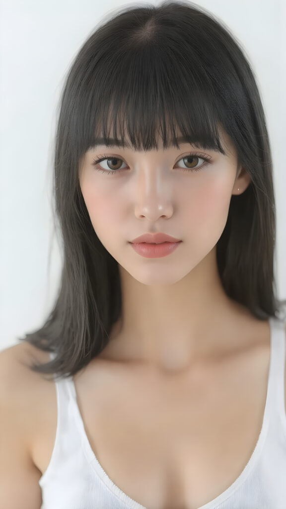 a very beautiful, youthful, pretty and attractive ((well busty girl)), with delicate, (long straight black soft fine hair) with bangs cut, ((natural light skin)), and (((bright white) toned skin on her face and delicate light ((cheeks)), accompanied by ((full lips). (((The girl wears a, ((white short tank top, deep v-neck)). The image gives a 15-year-old girl a sense of innocence and natural beauty.