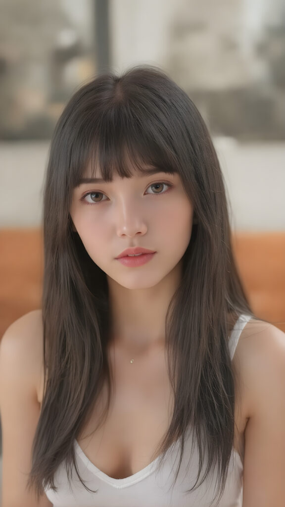 a very beautiful, youthful, pretty and attractive ((well busty girl)), with delicate, (long straight black soft fine hair) with bangs cut, ((natural light skin)), and (((bright white) toned skin on her face and delicate light ((cheeks)), accompanied by ((full lips). (((The girl wears a, ((white short tank top, deep v-neck)). The image gives a 15-year-old girl a sense of innocence and natural beauty.