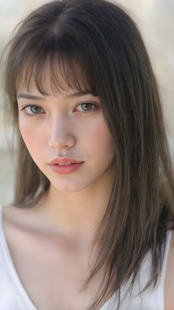 a very beautiful, youthful, pretty and attractive ((well busty teen girl)), with delicate, (long straight black soft hair) with bangs cut, ((natural light skin)), and (((bright white) toned skin on her face and delicate light ((cheeks)), accompanied by ((full lips). (((The girl wears a, ((white short tank top, deep v-neck)), stands in a (natural, bright light) backdrop, with ((no artificial light)) and the sun's rays are reflected from her face, creating a ethereal glow. The image gives a 15-year-old girl a sense of innocence and natural beauty.