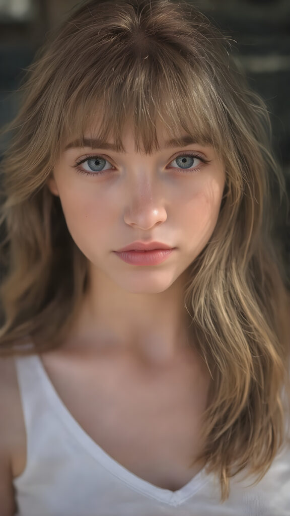 a very beautiful, youthful, pretty and attractive ((Exotic teen girl)), with delicate, (long wavy hair) with bangs cut, ((natural light skin)), and (((bright white) toned skin on her face and delicate light ((cheeks)), accompanied by ((full, rosy lips), that are naturally pink and not exaggerated. (((The girl wears a cool, ((white short tank top, deep v-neck)), the girl stands in a (natural, bright light) backdrop, with ((no artificial light)) and the sun's rays are reflected from her face, creating a ethereal glow. The image gives a 15-year-old girl a sense of innocence and natural beauty.