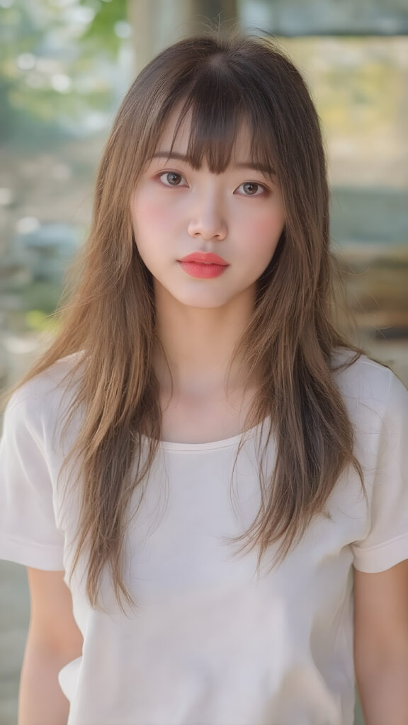 a very beautiful, youthful, pretty and attractive ((Oriental teen girl)), with delicate, (straight maroon hair) with bangs cut, ((natural light skin)), and (((bright white) toned skin on her face and delicate light ((cheeks)), accompanied by ((full, rosy lips), that are naturally pink and not exaggerated. (((The girl wears a cool, ((white short shirt)), with ((tiny, loose and translucent maroon shorts)), over a tight, ((white thigh-slit skirt)), that is tight and reveals her skinny, athletic and toned legs. She also wears ((white sandals on her feet)). The girl stands in a (natural, bright light) backdrop, with ((no artificial light)) and the sun's rays are reflected from her face, creating a ethereal glow. The image gives a 15-year-old girl a sense of innocence and natural beauty.