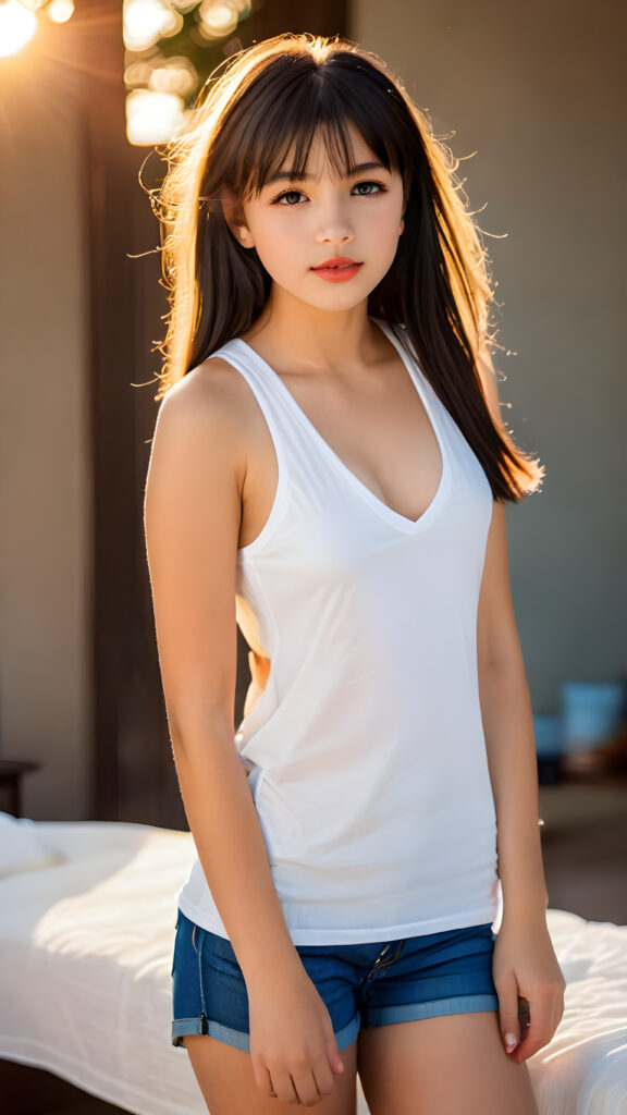 a very beautiful, youthful, pretty and attractive ((well busty teen girl)), with delicate, (long straight black soft hair) with bangs cut, ((natural light skin)), and (((bright white) toned skin on her face and delicate light ((cheeks)), accompanied by ((full lips). (((The girl wears a, ((white short tank top, deep v-neck)), stands in a (natural, bright light) backdrop, with ((no artificial light)) and the sun's rays are reflected from her face, creating a ethereal glow. The image gives a 15-year-old girl a sense of innocence and natural beauty.