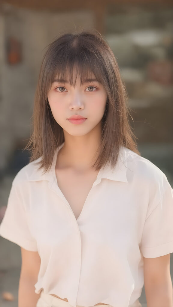 a very beautiful, youthful, pretty and attractive ((Oriental teen girl)), with delicate, (straight maroon hair) with bangs cut, ((natural light skin)), and (((bright white) toned skin on her face and delicate light ((cheeks)), accompanied by ((full, rosy lips), that are naturally pink and not exaggerated. (((The girl wears a cool, ((white short shirt)), with ((tiny, loose and translucent maroon shorts)), over a tight, ((white thigh-slit skirt)), that is tight and reveals her skinny, athletic and toned legs. She also wears ((white sandals on her feet)). The girl stands in a (natural, bright light) backdrop, with ((no artificial light)) and the sun's rays are reflected from her face, creating a ethereal glow. The image gives a 15-year-old girl a sense of innocence and natural beauty.