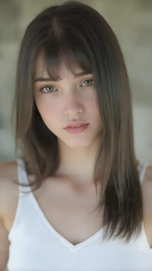 a very beautiful, youthful, pretty and attractive ((well busty teen girl)), with delicate, (long straight black soft hair) with bangs cut, ((natural light skin)), and (((bright white) toned skin on her face and delicate light ((cheeks)), accompanied by ((full lips). (((The girl wears a, ((white short tank top, deep v-neck)), stands in a (natural, bright light) backdrop, with ((no artificial light)) and the sun's rays are reflected from her face, creating a ethereal glow. The image gives a 15-year-old girl a sense of innocence and natural beauty.