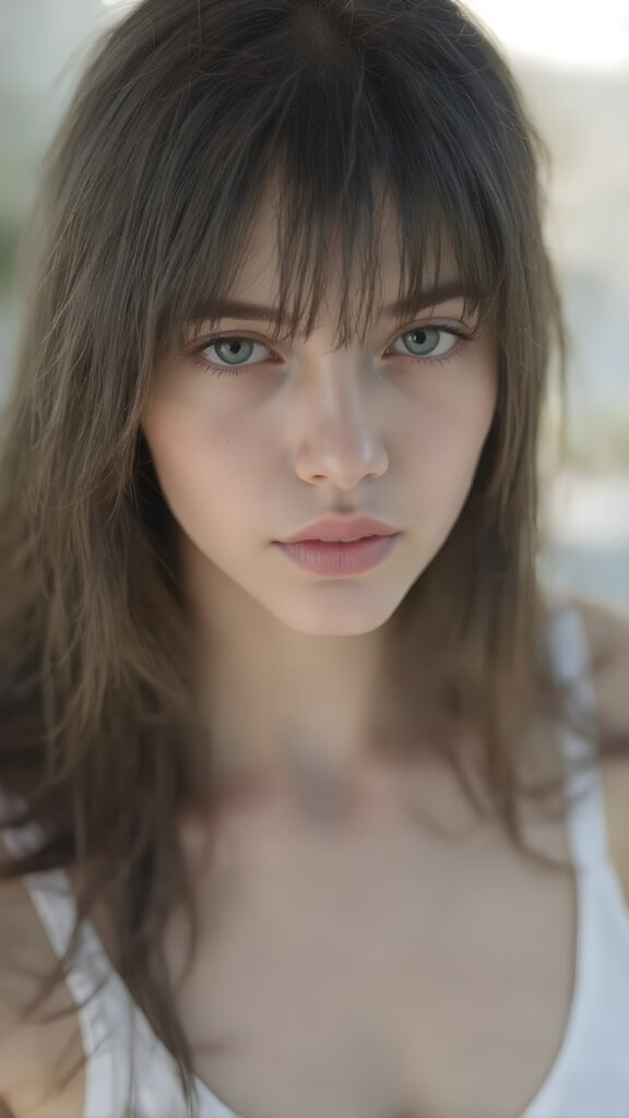 a very beautiful, youthful, pretty and attractive ((well busty teen girl)), with delicate, (long straight black soft hair) with bangs cut, ((natural light skin)), and (((bright white) toned skin on her face and delicate light ((cheeks)), accompanied by ((full lips). (((The girl wears a, ((white short tank top, deep v-neck)), stands in a (natural, bright light) backdrop, with ((no artificial light)) and the sun's rays are reflected from her face, creating a ethereal glow. The image gives a 15-year-old girl a sense of innocence and natural beauty.