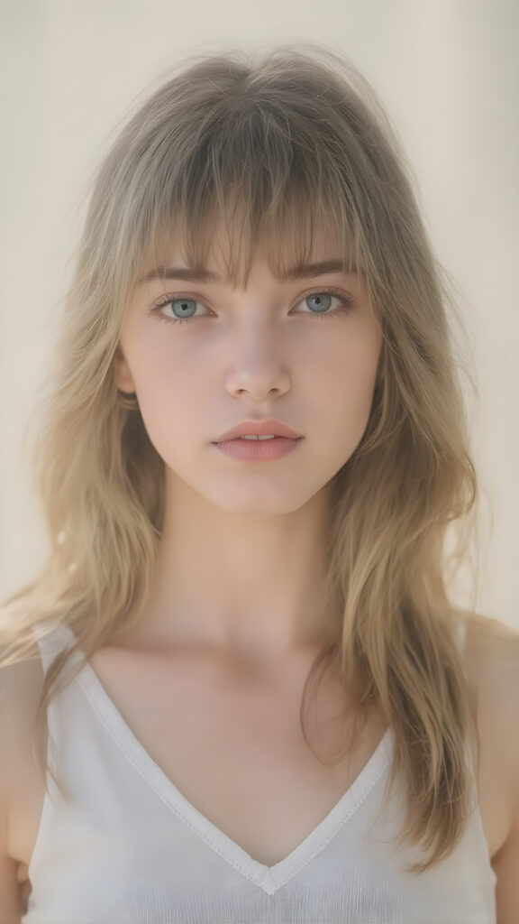 a very beautiful, youthful, pretty and attractive ((Exotic teen girl)), with delicate, (long wavy hair) with bangs cut, ((natural light skin)), and (((bright white) toned skin on her face and delicate light ((cheeks)), accompanied by ((full, rosy lips), that are naturally pink and not exaggerated. (((The girl wears a cool, ((white short tank top, deep v-neck)), the girl stands in a (natural, bright light) backdrop, with ((no artificial light)) and the sun's rays are reflected from her face, creating a ethereal glow. The image gives a 15-year-old girl a sense of innocence and natural beauty.