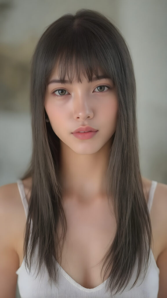 a very beautiful, youthful, pretty and attractive ((well busty girl)), with delicate, (long straight black soft fine hair) with bangs cut, ((natural light skin)), and (((bright white) toned skin on her face and delicate light ((cheeks)), accompanied by ((full lips). (((The girl wears a, ((white short tank top, deep v-neck)). The image gives a 15-year-old girl a sense of innocence and natural beauty.
