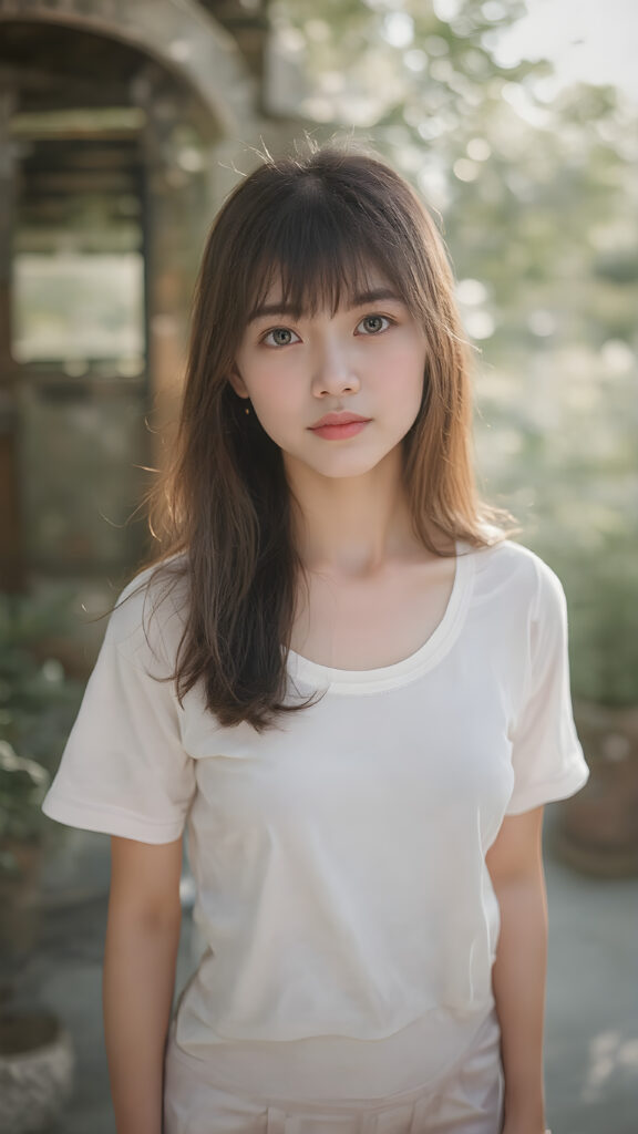 a very beautiful, youthful, pretty and attractive ((Oriental teen girl)), with delicate, (straight maroon hair) with bangs cut, ((natural light skin)), and (((bright white) toned skin on her face and delicate light ((cheeks)), accompanied by ((full, rosy lips), that are naturally pink and not exaggerated. (((The girl wears a cool, ((white short shirt)), with ((tiny, loose and translucent maroon shorts)), over a tight, ((white thigh-slit skirt)), that is tight and reveals her skinny, athletic and toned legs. She also wears ((white sandals on her feet)). The girl stands in a (natural, bright light) backdrop, with ((no artificial light)) and the sun's rays are reflected from her face, creating a ethereal glow. The image gives a 15-year-old girl a sense of innocence and natural beauty.