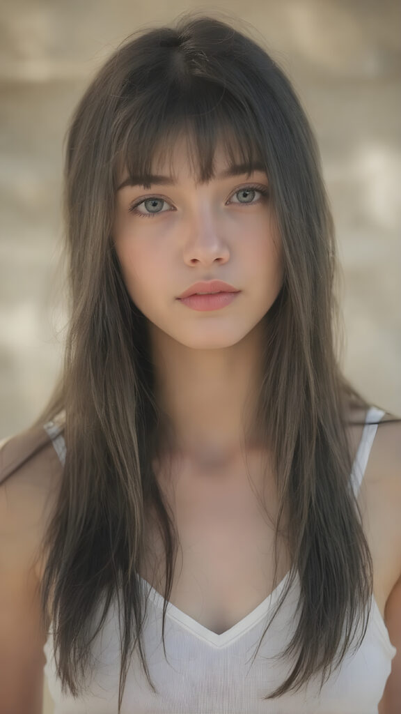 a very beautiful, youthful, pretty and attractive ((well busty teen girl)), with delicate, (long straight black soft hair) with bangs cut, ((natural light skin)), and (((bright white) toned skin on her face and delicate light ((cheeks)), accompanied by ((full lips). (((The girl wears a, ((white short tank top, deep v-neck)), stands in a (natural, bright light) backdrop, with ((no artificial light)) and the sun's rays are reflected from her face, creating a ethereal glow. The image gives a 15-year-old girl a sense of innocence and natural beauty.