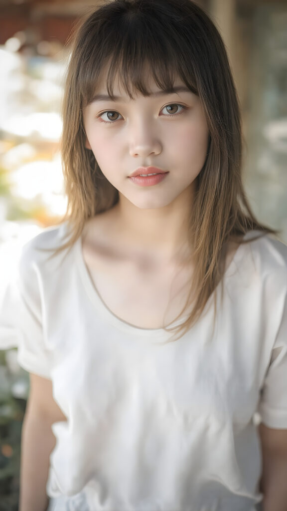 a very beautiful, youthful, pretty and attractive ((Oriental teen girl)), with delicate, (straight maroon hair) with bangs cut, ((natural light skin)), and (((bright white) toned skin on her face and delicate light ((cheeks)), accompanied by ((full, rosy lips), that are naturally pink and not exaggerated. (((The girl wears a cool, ((white short shirt)), with ((tiny, loose and translucent maroon shorts)), over a tight, ((white thigh-slit skirt)), that is tight and reveals her skinny, athletic and toned legs. She also wears ((white sandals on her feet)). The girl stands in a (natural, bright light) backdrop, with ((no artificial light)) and the sun's rays are reflected from her face, creating a ethereal glow. The image gives a 15-year-old girl a sense of innocence and natural beauty.