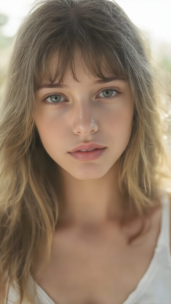 a very beautiful, youthful, pretty and attractive ((Exotic teen girl)), with delicate, (long wavy hair) with bangs cut, ((natural light skin)), and (((bright white) toned skin on her face and delicate light ((cheeks)), accompanied by ((full, rosy lips), that are naturally pink and not exaggerated. (((The girl wears a cool, ((white short tank top, deep v-neck)), the girl stands in a (natural, bright light) backdrop, with ((no artificial light)) and the sun's rays are reflected from her face, creating a ethereal glow. The image gives a 15-year-old girl a sense of innocence and natural beauty.