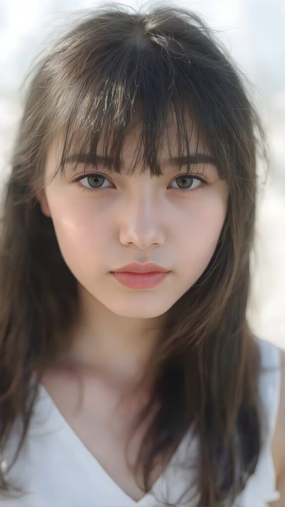 a very beautiful, youthful, pretty and attractive ((well busty teen girl)), with delicate, (long straight black soft hair) with bangs cut, ((natural light skin)), and (((bright white) toned skin on her face and delicate light ((cheeks)), accompanied by ((full lips). (((The girl wears a, ((white short tank top, deep v-neck)), stands in a (natural, bright light) backdrop, with ((no artificial light)) and the sun's rays are reflected from her face, creating a ethereal glow. The image gives a 15-year-old girl a sense of innocence and natural beauty.