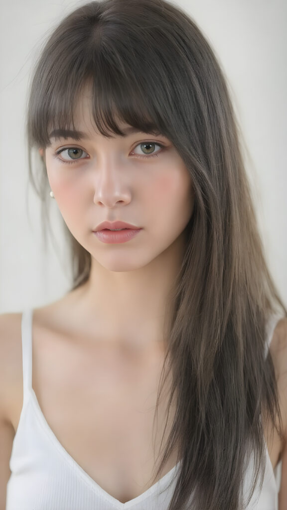 a very beautiful, youthful, pretty and attractive ((well busty girl)), with delicate, (long straight black soft fine hair) with bangs cut, ((natural light skin)), and (((bright white) toned skin on her face and delicate light ((cheeks)), accompanied by ((full lips). (((The girl wears a, ((white short tank top, deep v-neck)). The image gives a 15-year-old girl a sense of innocence and natural beauty.