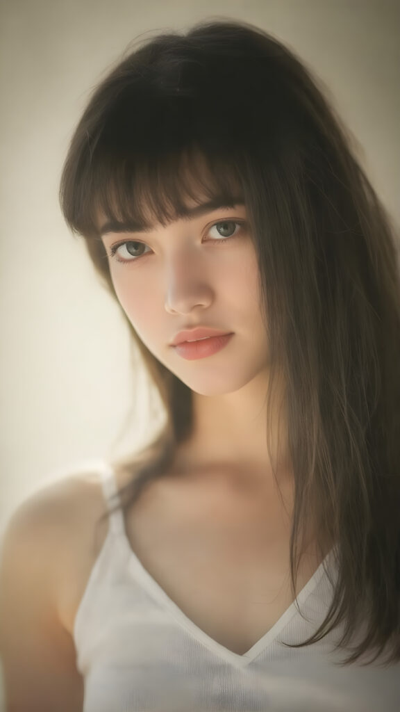 a very beautiful, youthful, pretty and attractive ((well busty teen girl)), with delicate, (long straight black soft hair) with bangs cut, ((natural light skin)), and (((bright white) toned skin on her face and delicate light ((cheeks)), accompanied by ((full lips). (((The girl wears a, ((white short tank top, deep v-neck)), stands in a (natural, bright light) backdrop, with ((no artificial light)) and the sun's rays are reflected from her face, creating a ethereal glow. The image gives a 15-year-old girl a sense of innocence and natural beauty.