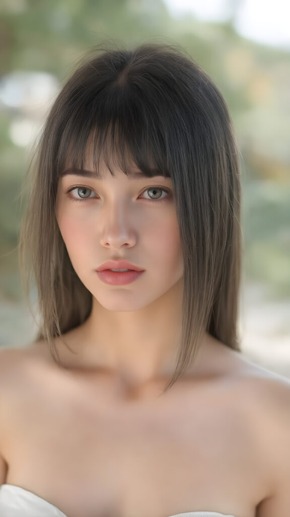 a very beautiful, youthful, pretty and attractive ((well busty teen girl)), with delicate, (long straight black soft hair) with bangs cut, ((natural light skin)), and (((bright white) toned skin on her face and delicate light ((cheeks)), accompanied by ((full lips). (((The girl wears a, ((white short tank top, deep v-neck)), stands in a (natural, bright light) backdrop, with ((no artificial light)) and the sun's rays are reflected from her face, creating a ethereal glow. The image gives a 15-year-old girl a sense of innocence and natural beauty.