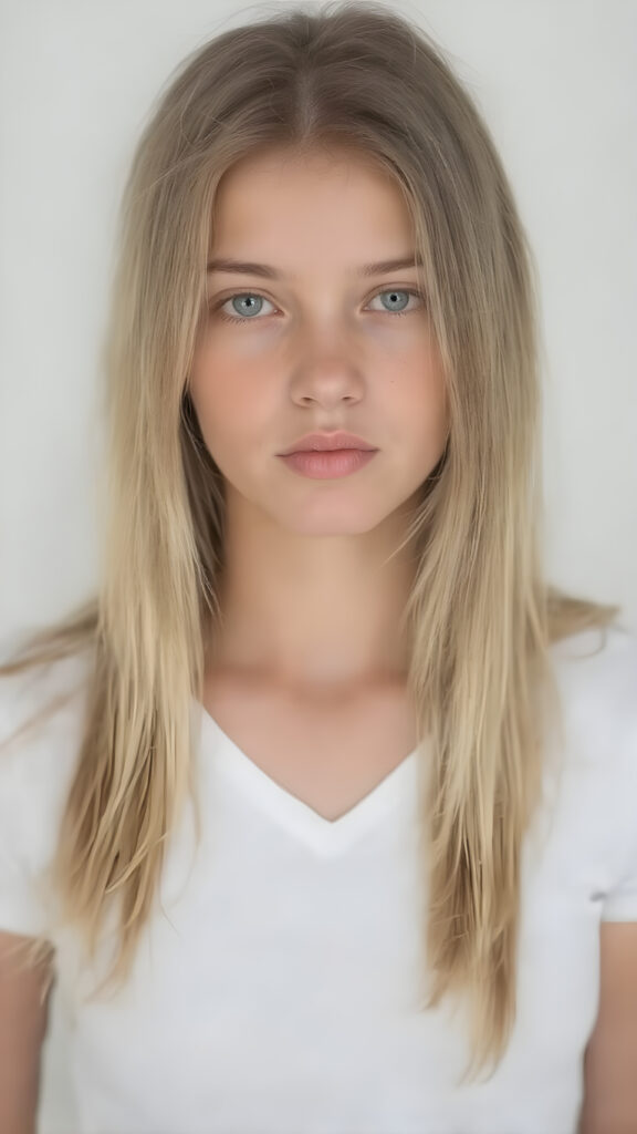 a very cute young busty teen girl, with straight soft long light blond hair, with naturally soft and slightly tanned skin, her lips are full and devoid of pigmentation, wearing a tight short thin v-neck white t-shirt. The background is a simple grey and white (plain and sleek) one for a perfect, classic and modern look. She exudes stunning beauty, in a fashion sense, photo-realistic, 4k, high quality and detailed details in her features and surroundings. full body view ((upper body inclusive)), showcasing her beautiful and natural looking skin and perfectly straight hair, in a classic portrait position, with a warm and soft light effect