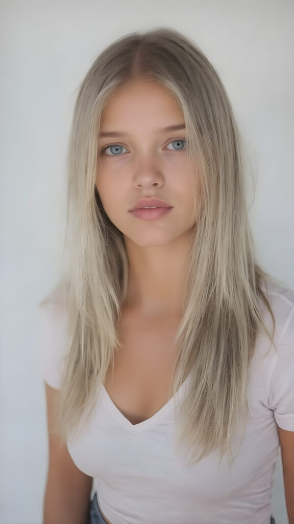 a very cute young busty teen girl, with straight soft long light blond hair, with naturally soft and slightly tanned skin, her lips are full and devoid of pigmentation, wearing a tight short thin v-neck white t-shirt. The background is a simple grey and white (plain and sleek) one for a perfect, classic and modern look. She exudes stunning beauty, in a fashion sense, photo-realistic, 4k, high quality and detailed details in her features and surroundings. full body view ((upper body inclusive)), showcasing her beautiful and natural looking skin and perfectly straight hair, in a classic portrait position, with a warm and soft light effect