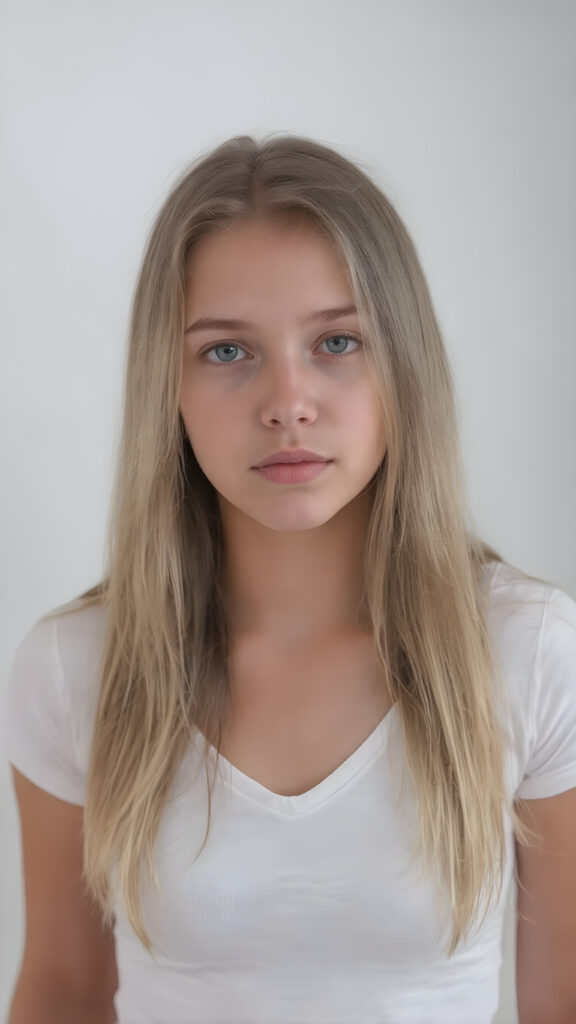 a very cute young busty teen girl, with straight soft long light blond hair, with naturally soft and slightly tanned skin, her lips are full and devoid of pigmentation, wearing a tight short thin v-neck white t-shirt. The background is a simple grey and white (plain and sleek) one for a perfect, classic and modern look. She exudes stunning beauty, in a fashion sense, photo-realistic, 4k, high quality and detailed details in her features and surroundings. full body view ((upper body inclusive)), showcasing her beautiful and natural looking skin and perfectly straight hair, in a classic portrait position, with a warm and soft light effect
