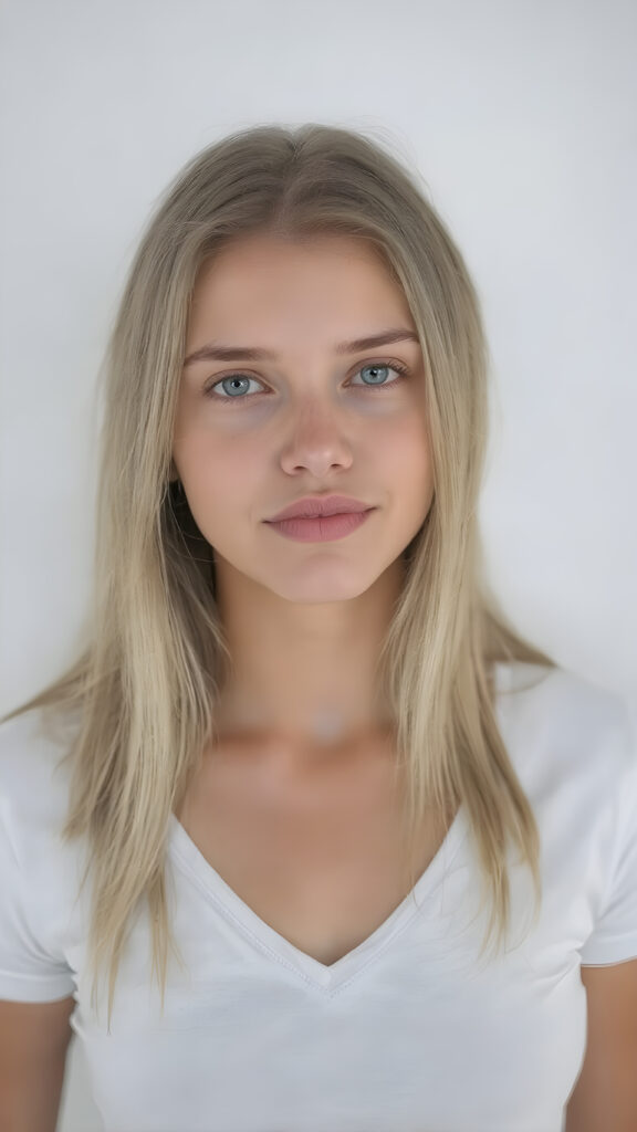 a very cute young busty teen girl, with straight soft long light blond hair, with naturally soft and slightly tanned skin, her lips are full and devoid of pigmentation, wearing a tight short thin v-neck white t-shirt. The background is a simple grey and white (plain and sleek) one for a perfect, classic and modern look. She exudes stunning beauty, in a fashion sense, photo-realistic, 4k, high quality and detailed details in her features and surroundings. full body view ((upper body inclusive)), showcasing her beautiful and natural looking skin and perfectly straight hair, in a classic portrait position, with a warm and soft light effect