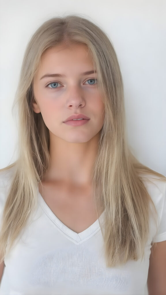 a very cute young busty teen girl, with straight soft long light blond hair, with naturally soft and slightly tanned skin, her lips are full and devoid of pigmentation, wearing a tight short thin v-neck white t-shirt. The background is a simple grey and white (plain and sleek) one for a perfect, classic and modern look. She exudes stunning beauty, in a fashion sense, photo-realistic, 4k, high quality and detailed details in her features and surroundings. full body view ((upper body inclusive)), showcasing her beautiful and natural looking skin and perfectly straight hair, in a classic portrait position, with a warm and soft light effect