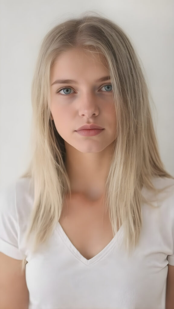 a very cute young busty teen girl, with straight soft long light blond hair, with naturally soft and slightly tanned skin, her lips are full and devoid of pigmentation, wearing a tight short thin v-neck white t-shirt. The background is a simple grey and white (plain and sleek) one for a perfect, classic and modern look. She exudes stunning beauty, in a fashion sense, photo-realistic, 4k, high quality and detailed details in her features and surroundings. full body view ((upper body inclusive)), showcasing her beautiful and natural looking skin and perfectly straight hair, in a classic portrait position, with a warm and soft light effect