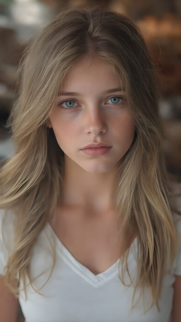 a very cute young busty teen girl, with realistic wavy soft long light brown blond hair, with naturally soft and slightly tanned skin, her lips are full and devoid of pigmentation, wearing a tight short thin v-neck white t-shirt. She exudes stunning beauty, in a fashion sense, photo-realistic, 4k, high quality and detailed details in her features and surroundings. full body view ((upper body inclusive)), showcasing her beautiful and natural looking skin and perfectly straight hair, in a classic portrait position, with a warm and soft light effect