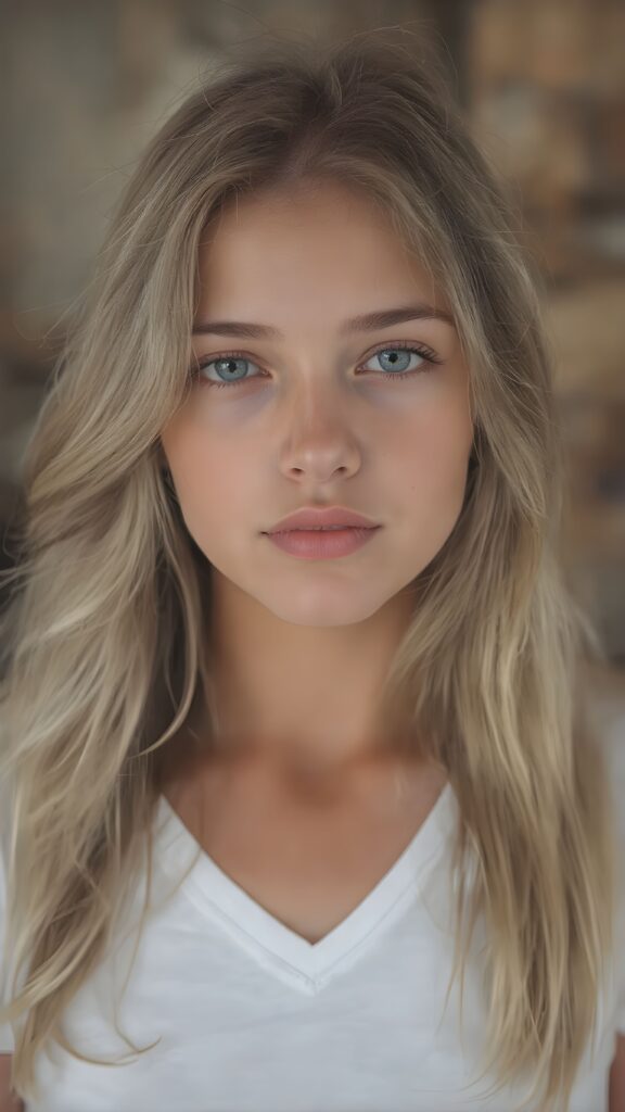 a very cute young busty teen girl, with realistic wavy soft long light brown blond hair, with naturally soft and slightly tanned skin, her lips are full and devoid of pigmentation, wearing a tight short thin v-neck white t-shirt. She exudes stunning beauty, in a fashion sense, photo-realistic, 4k, high quality and detailed details in her features and surroundings. full body view ((upper body inclusive)), showcasing her beautiful and natural looking skin and perfectly straight hair, in a classic portrait position, with a warm and soft light effect