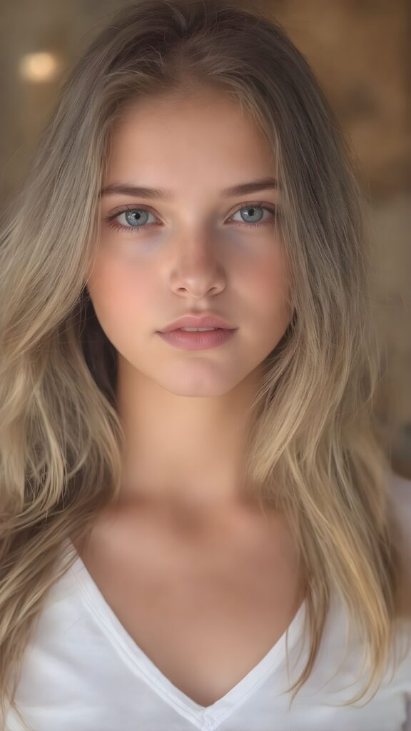 a very cute young busty teen girl, with realistic wavy soft long light brown blond hair, with naturally soft and slightly tanned skin, her lips are full and devoid of pigmentation, wearing a tight short thin v-neck white t-shirt. She exudes stunning beauty, in a fashion sense, photo-realistic, 4k, high quality and detailed details in her features and surroundings. full body view ((upper body inclusive)), showcasing her beautiful and natural looking skin and perfectly straight hair, in a classic portrait position, with a warm and soft light effect
