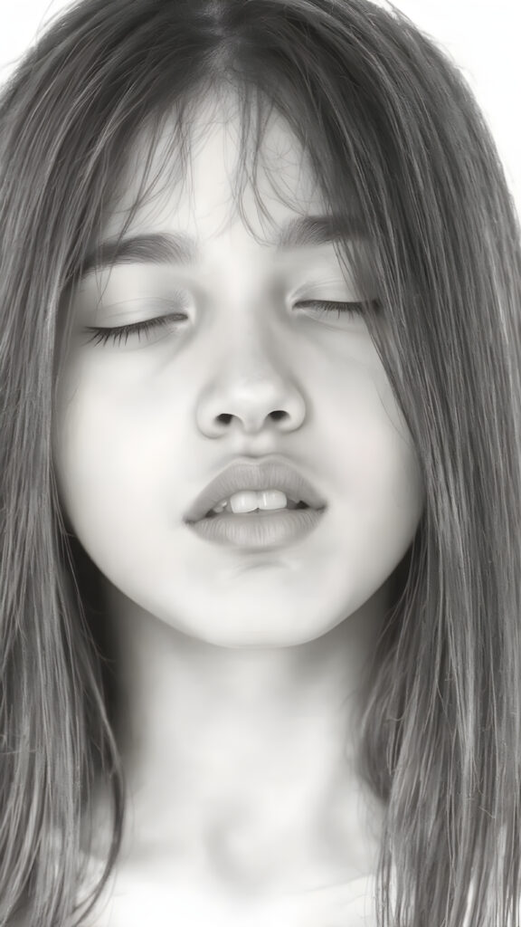 a (((very detailed and realistic (((black and white charcoal drawing))) ((upper body)) portrait))), featuring a (((cute teen girl))) with ((extremely long, straight, thick, soft (natural dark) hair)), realistic face, full kissable lips, white backdrop, open mouth and closed eyes, white teeth
