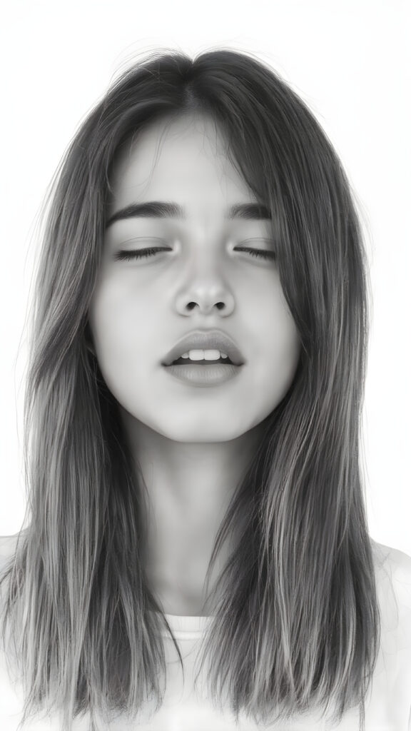 a (((very detailed and realistic (((black and white charcoal drawing))) ((upper body)) portrait))), featuring a (((cute teen girl))) with ((extremely long, straight, thick, soft (natural dark) hair)), realistic face, full kissable lips, white backdrop, open mouth and closed eyes, white teeth