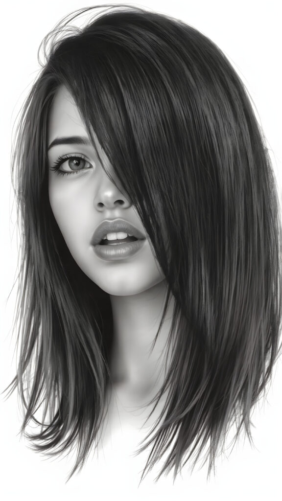 a (((very detailed and realistic (((black and white charcoal drawing))) ((upper body)) portrait))), featuring a (((cute teen girl))) with ((extremely long, straight, thick, untucked (natural dark) hair)), realistic face, full kissable lips, white backdrop, open mouth, white teeth