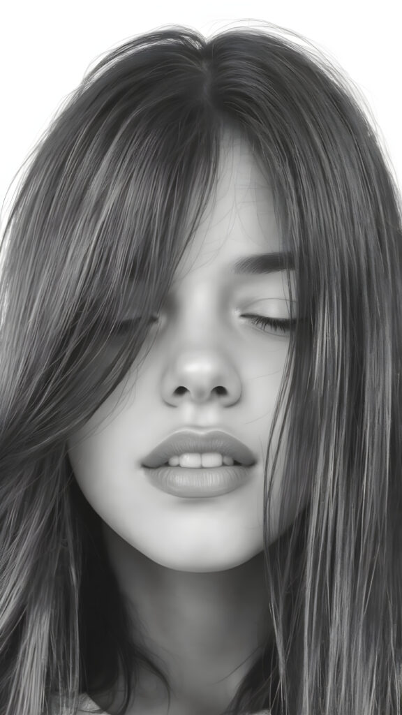 a (((very detailed and realistic (((black and white charcoal drawing))) ((upper body)) portrait))), featuring a (((cute teen girl))) with ((extremely long, straight, thick, soft (natural dark) hair)), realistic face, full kissable lips, white backdrop, open mouth and closed eyes, white teeth