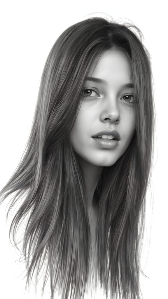 a (((very detailed and realistic (((black and white charcoal drawing))) ((upper body)) portrait))), featuring a (((cute teen girl))) with ((extremely long, straight, thick, untucked (natural dark) hair)), realistic face, full kissable lips, white backdrop, open mouth, white teeth