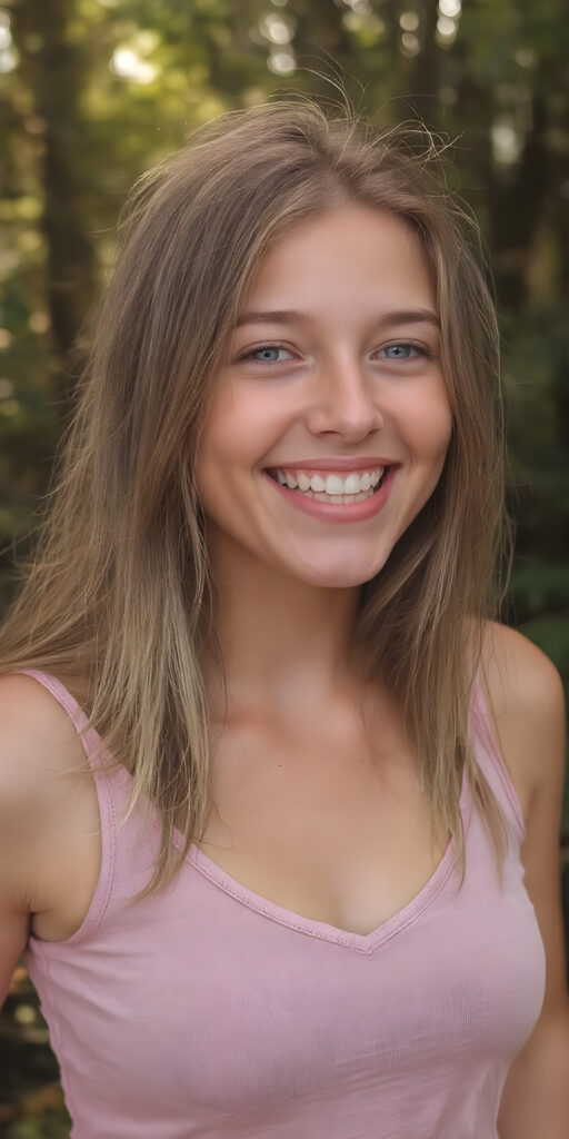 a (((very detailed and realistic photo from a (((cute young teen girl))), (she laughs and is very happy and radiates pure joy), with ((straight, thick, jet soft shoulder-length (golden) hair)), round face, full lips, withe teeth, light blue eyes, she wears a pink short cropped tank top with deep v-neck, she has a perfect curved body, all against a natural sunny backdrop in the park, photograph, portrait, symmetrical, close-up, warm tones, side view