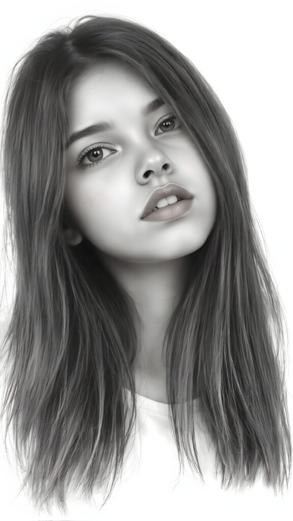 a (((very detailed and realistic (((black and white charcoal drawing))) ((upper body)) portrait))), featuring a (((cute teen girl))) with ((extremely long, straight, thick, untucked (natural dark) hair)), realistic face, full kissable lips, white backdrop, open mouth, white teeth