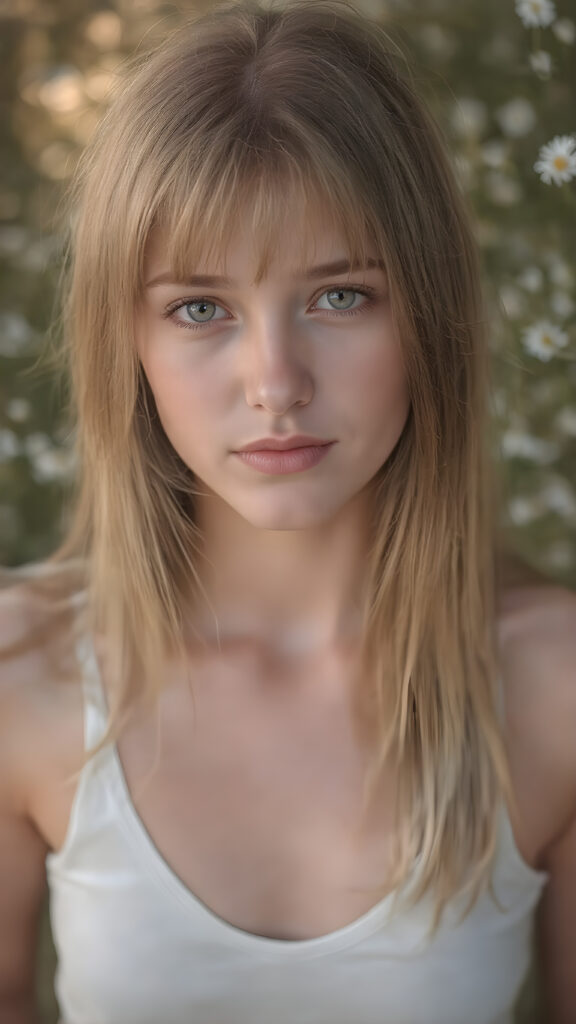 a (((very detailed and realistic full-body portrait))) featuring a (((cute and attractive teen girl))) with ((straight, long copper-blond hair)) and ((realistic detailed (pale skin)) that subtly flushes out in a (soft glow), combined with ((ultra realistic, highly detailed (brown eyes))), and ((realistic detailed (full kissable lips))), that exude ((a charming smile)), (((the face is illuminated beautifully))), she's ((looking confidently at the camera)), (((wearing a very low cut white tank top))), that perfectly complements her advanced features, (((perfect anatomy))), (((fit body))), (((highly detailed, 8k resolution, UHD))), (((a soft, natural light))), ((extremely detailed, crisp quality)), ((full kissable lips)), ((realistic detailed skin)), ((((realistic detailed texture on her face)), (long hair), (((the background is a beautiful sunset backdrop))) with ((highly detailed (daisy petals) that gently flutter around her face)), ((extremely detailed (the way her lips and skin is ill