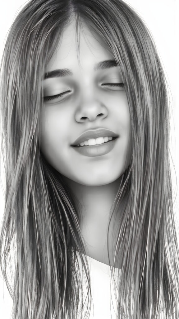 a (((very detailed and realistic (((black and white charcoal drawing))) ((upper body)) portrait))), featuring a (((cute teen girl))) with ((extremely long, straight, thick, soft (natural dark) hair)), realistic face, full kissable lips, white backdrop, open mouth and closed eyes, white teeth
