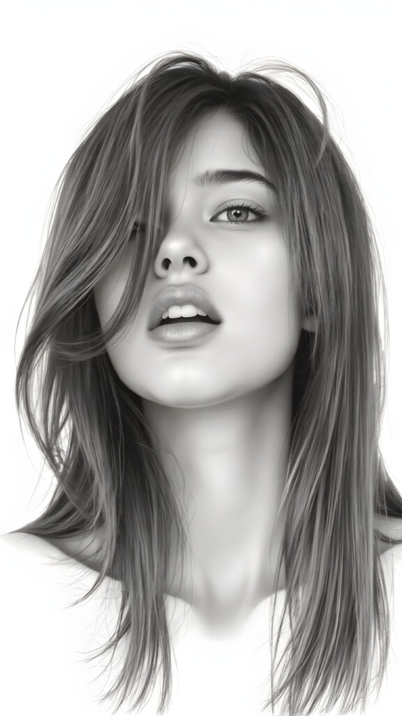 a (((very detailed and realistic (((black and white charcoal drawing))) ((upper body)) portrait))), featuring a (((cute teen girl))) with ((extremely long, straight, thick, untucked (natural dark) hair)), realistic face, full kissable lips, white backdrop, open mouth, white teeth