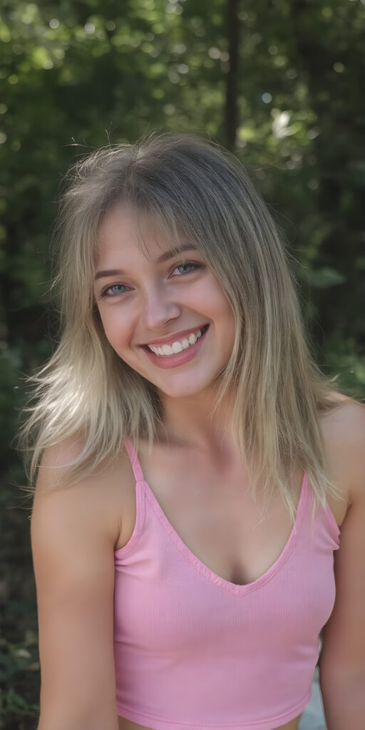 a (((very detailed and realistic photo from a (((cute young teen girl))), (she laughs and is very happy and radiates pure joy), with ((straight, thick, jet soft shoulder-length (golden) hair)), round face, full lips, withe teeth, light blue eyes, she wears a pink short cropped tank top with deep v-neck, she has a perfect curved body, all against a natural sunny backdrop in the park, photograph, portrait, symmetrical, close-up, warm tones, side view