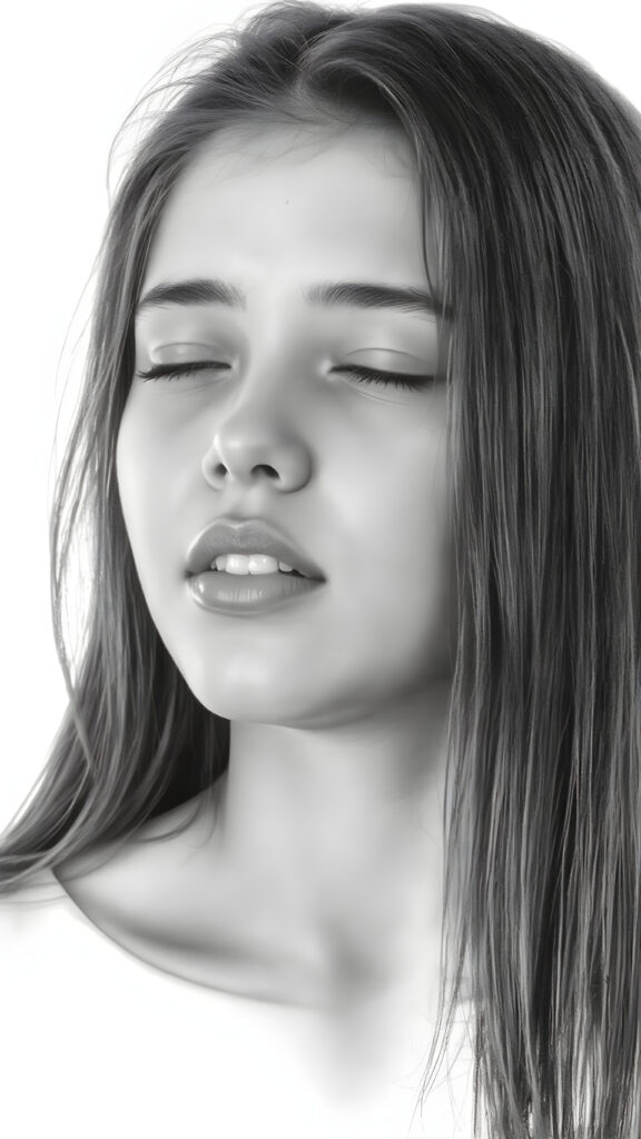 a (((very detailed and realistic (((black and white charcoal drawing))) ((upper body)) portrait))), featuring a (((cute teen girl))) with ((extremely long, straight, thick, soft (natural dark) hair)), realistic face, full kissable lips, white backdrop, open mouth and closed eyes, white teeth
