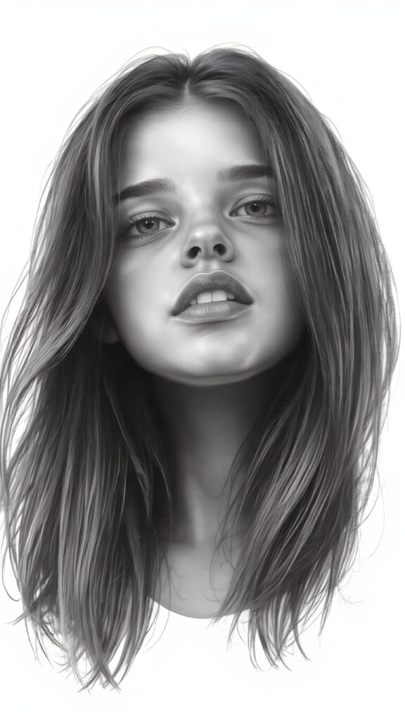 a (((very detailed and realistic (((black and white charcoal drawing))) ((upper body)) portrait))), featuring a (((cute teen girl))) with ((extremely long, straight, thick, untucked (natural dark) hair)), realistic face, full kissable lips, white backdrop, open mouth, white teeth
