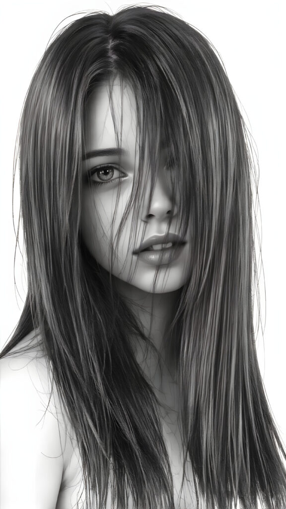 a (((very detailed and realistic (((black and white charcoal drawing))) ((upper body)) portrait))), featuring a (((cute teen girl))) with ((extremely long, straight, thick, untucked (natural dark) hair)), realistic face, full kissable lips, white backdrop, open mouth, white teeth