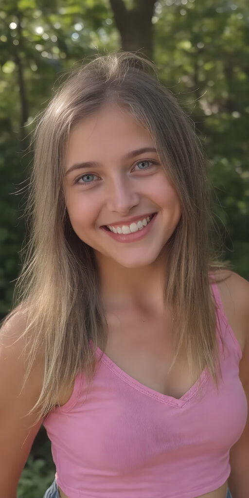 a (((very detailed and realistic photo from a (((cute young teen girl))), (she laughs and is very happy and radiates pure joy), with ((straight, thick, jet soft shoulder-length (golden) hair)), round face, full lips, withe teeth, light blue eyes, she wears a pink short cropped tank top with deep v-neck, she has a perfect curved body, all against a natural sunny backdrop in the park, photograph, portrait, symmetrical, close-up, warm tones, side view