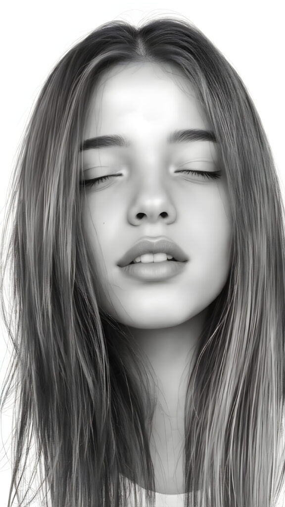 a (((very detailed and realistic (((black and white charcoal drawing))) ((upper body)) portrait))), featuring a (((cute teen girl))) with ((extremely long, straight, thick, soft (natural dark) hair)), realistic face, full kissable lips, white backdrop, open mouth and closed eyes, white teeth