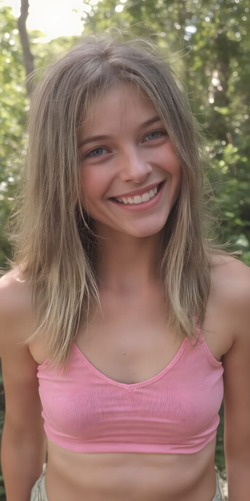 a (((very detailed and realistic photo from a (((cute young teen girl))), (she laughs and is very happy and radiates pure joy), with ((straight, thick, jet soft shoulder-length (golden) hair)), round face, full lips, withe teeth, light blue eyes, she wears a pink short cropped tank top with deep v-neck, she has a perfect curved body, all against a natural sunny backdrop in the park, photograph, portrait, symmetrical, close-up, warm tones, side view