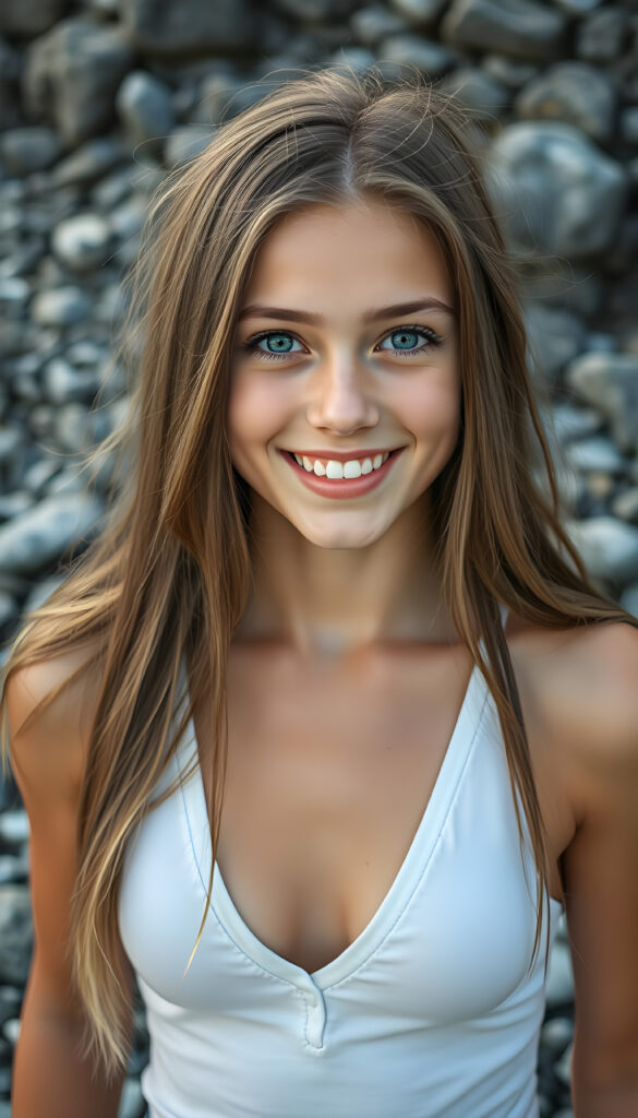 a very happy and cheerful young busty girl, she is in the middle of a grey stony landscape, shoulder long brown hair with blond highlights, warm smile, deep blue eyes, perfect symmetrical round face and haircut, full kissable lips, wears a thin white vest, the vest support her perfect female body, deep v-neck