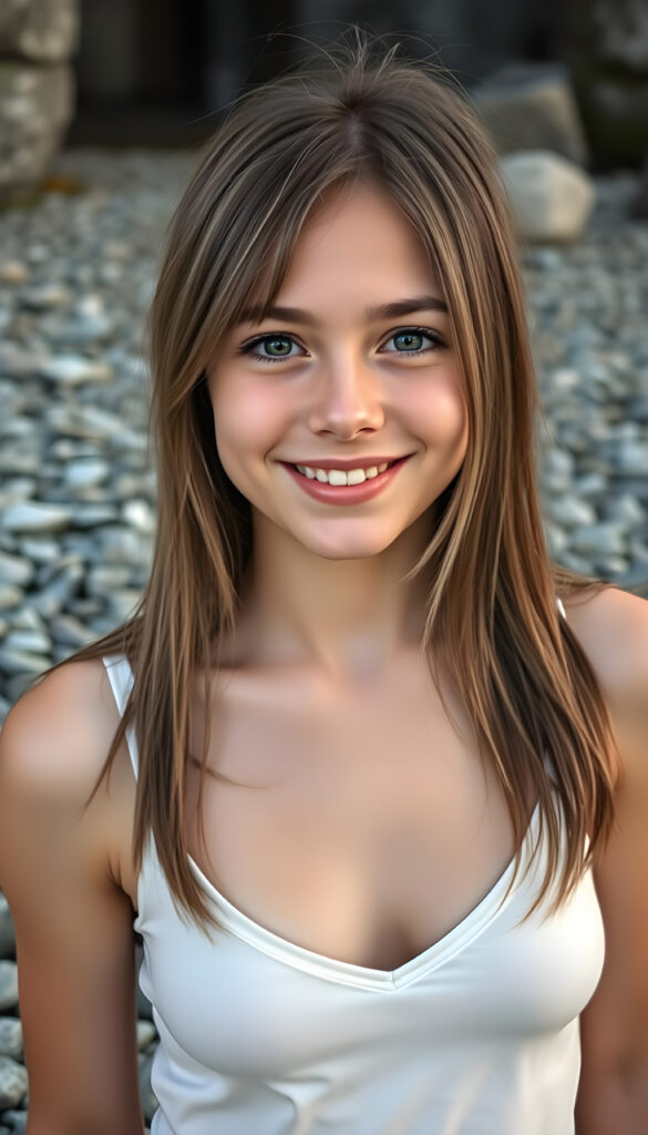 a very happy and cheerful young busty girl, she is in the middle of a grey stony landscape, shoulder long brown hair with blond highlights, warm smile, deep blue eyes, perfect symmetrical round face and haircut, full kissable lips, wears a thin white vest, the vest support her perfect female body, deep v-neck