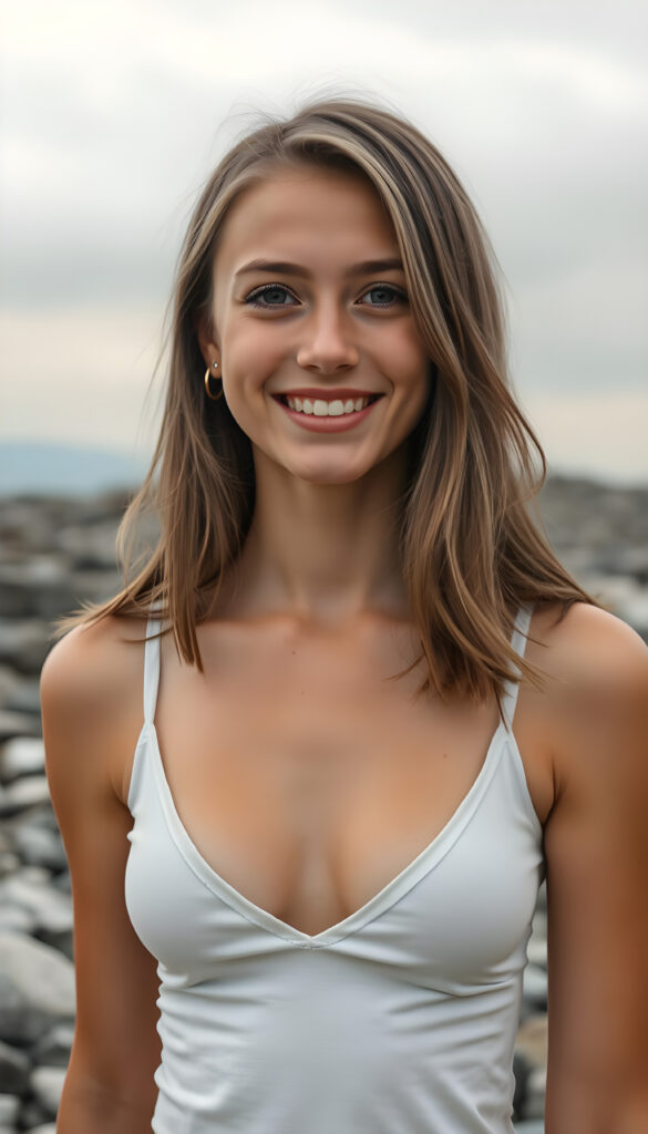 a very happy and cheerful young busty girl, she is in the middle of a grey stony landscape, shoulder long brown hair with blond highlights, warm smile, deep blue eyes, perfect symmetrical round face and haircut, full kissable lips, wears a thin white vest, the vest support her perfect female body, deep v-neck