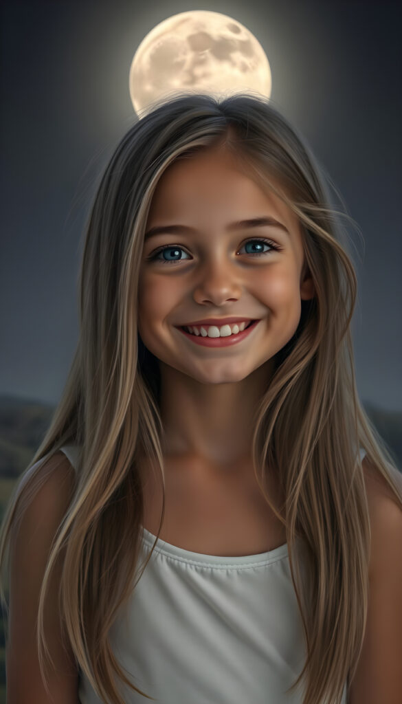 a very happy and cheerful young girl, she is in the middle of a moon-like landscape, long brown hair with blond highlights, warm smile, deep blue eyes, perfect symmetrical round face, full kissable lips, wears a thin white vest, the vest support her perfect female body